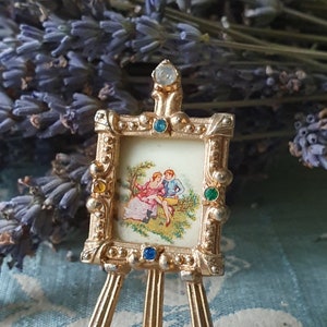 Charming Unusual & Unique Faux Gem Embellished Goldtone Picture Easel Vintage French Pin Brooch-Rhinestone Topped-Lovely Detail throughout