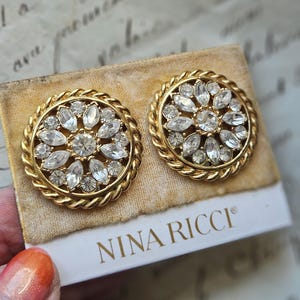 Exquisite Vintage French NINA RICCI Swarovski Crystal Gold Clip Earrings-Designer Signature Bijoux / Costume Jewellery Clips-circa.1990&#39;s...
