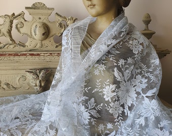 Exquisite Antique French Palest Pastel Blue Tulle Lace Remnant-Ideal Veil,Mantilla-Perfect for a Mariage,Marriage,Wedding,Shoulder wrap etc