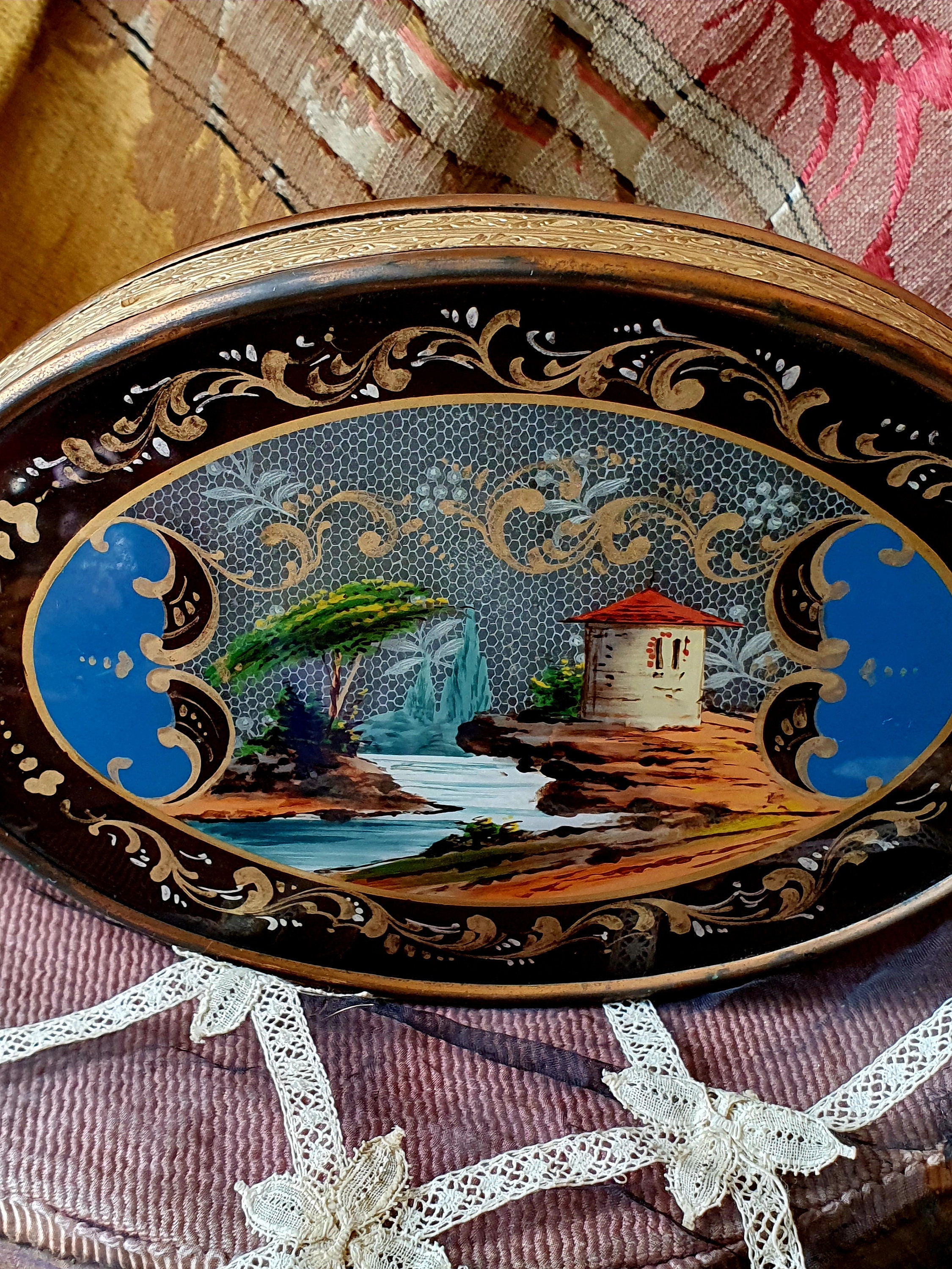 Stunning Rare 19thc Antique French Oval Scenic Reverse-painted