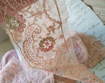 Combined Lengths of Exquisite Antique French Colour Accented Wide & Narrow Tea Laces / Dentelle / Lace Remnants-Period Project Perfect...