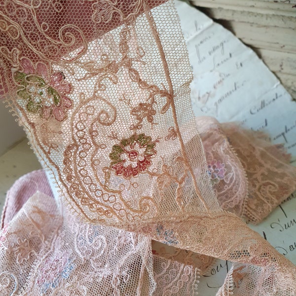 Combined Lengths of Exquisite Antique French Colour Accented Wide & Narrow Tea Laces / Dentelle / Lace Remnants-Period Project Perfect...