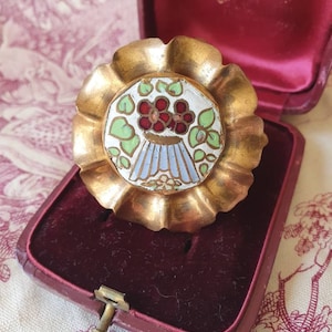 Striking Unique Antique French Art-Deco Enamelled Gilded Flower Pin Brooch-Exquisite detailed Piece, Bold Vivid Colours, Fluted Petal Edges