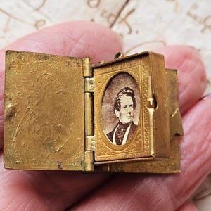 Exquisite Rare & Unique Antique French Miniature Gilt Photo Keepsake Pendant in the Shape of a Book-Precious Petit French Souvenir Piece....