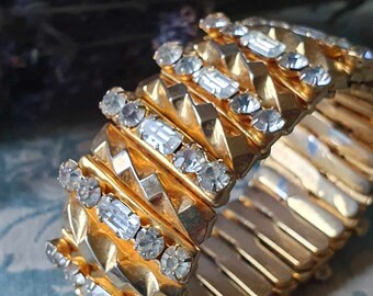 Spectacular RARE Vintage French Sparkling High-end Quality Costume Gilt & Rhinestone Ornate Expandable Bracelet  with Art-Deco Design c.1950