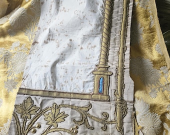 19thC Antique French Opulent Ecclesiastical Stumpwork Applique-Pillar and Period Scrolls in Metallic Gold Threads & Fabric-Project Perfect!