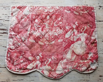 Extremely Rare  18thC Antique French Feintly Quilted Scolloped Red Toile de Jouy Textile Coupon Remnant-Unique Textile-Scarce Design Content