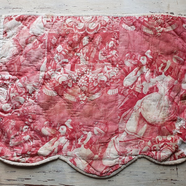 Extrêmement rare 18e siècle Français antique feintement matelassé scollopé toile de Jouy rouge coupon textile reste-textile unique-contenu de conception rare