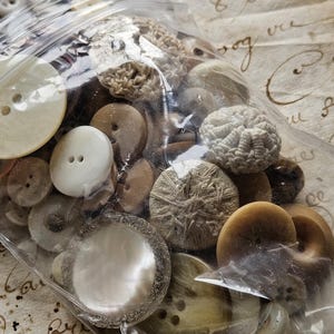 May include: A plastic bag filled with a variety of buttons in shades of white, brown, and beige. The buttons are a mix of different shapes and sizes, including round, square, and oval. Some of the buttons have a textured surface, while others are smooth.