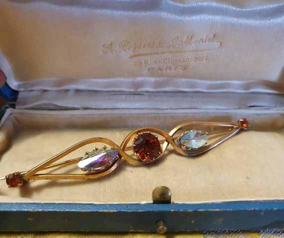 Broche Vintage Style Années 1930 - Ajourée, Avec Cabochon Long En Ambre, Or, Bon état