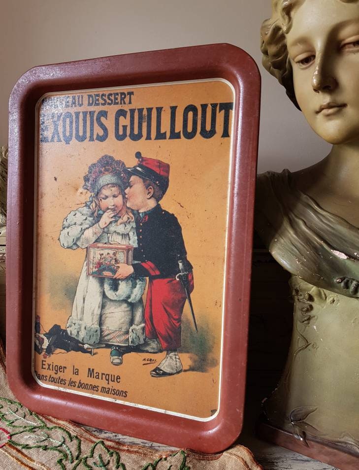 Atmosphère Antique Français Publicité Toleware Tray, Plateau-Exquis Guillout Nouveau Dessert, Fabulo