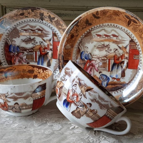 Atemberaubende Paar 19.C antike Französisch gefunden Englisch handverziert orientalischen Glanz Design Sevres Porzellan Schrank Tassen & Untertassen, Exquisite!