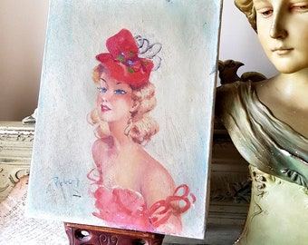Stunning Vintage French 1950's Gorgeously Pretty Pin Up Girl Oil on Canvas Portrait Painting / Huile sur Toile,Tableau-Fab Signed Art-Work