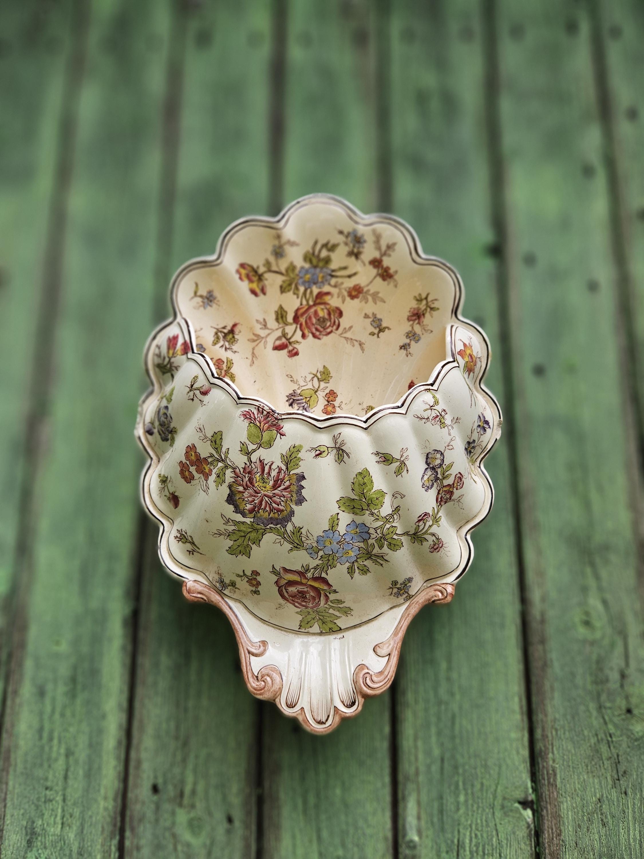 Stunning Antique French LONGCHAMP Porcelain Wall Pocket featuring Rocaille Shape with Scrolls & Floral Transferred Design,Beautiful + Unique
