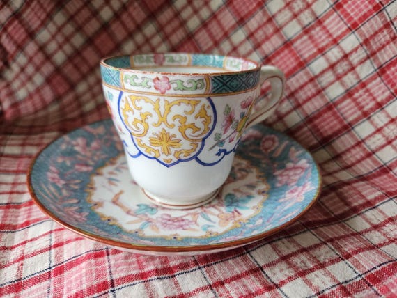 RARE Exquisite Antique French Turquoise and Pink Enamelled Minton Porcelain Cabinet Coffee Cup / Tasse à Café & Saucer-Hand-decorated Design