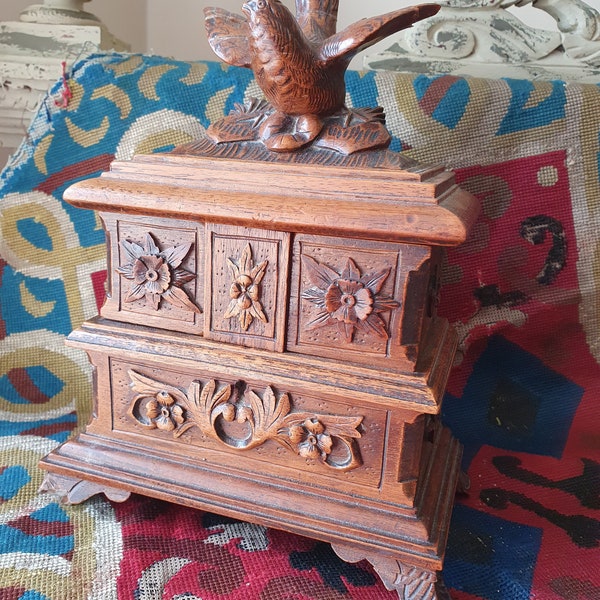 Rare Antique French Napoleon III Carved Wooden Double-Layered Quilted Silk-Lined Boudoir Bijoux Casket-Swivel Drawer Section, Oiseau Finial