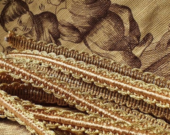 2,13 meter glinsterende smalle antieke Franse goud- en zalmroze geschulpte zijden passementerieversiering, Galon, Frans geïnspireerd project perfect....