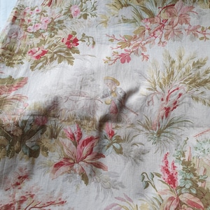 Impresionante y raro remanente de la antigua tela de algodón francesa Napoleón III Toile de Jouy, encantador textil escaso por excelencia francés imagen 1