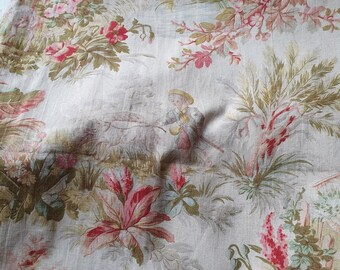 Superbe vestige rare d'un tissu en coton toile de Jouy Napoléon III ancien français, charmant textile typiquement français rare