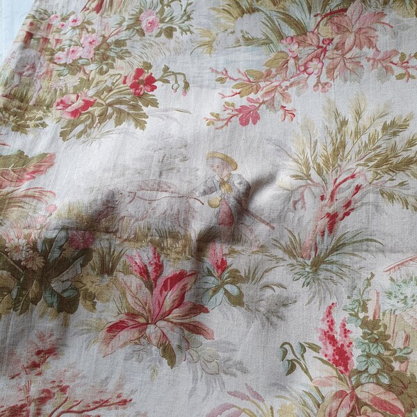 Superbe vestige rare d'un tissu en coton toile de Jouy Napoléon III ancien français, charmant textile typiquement français rare