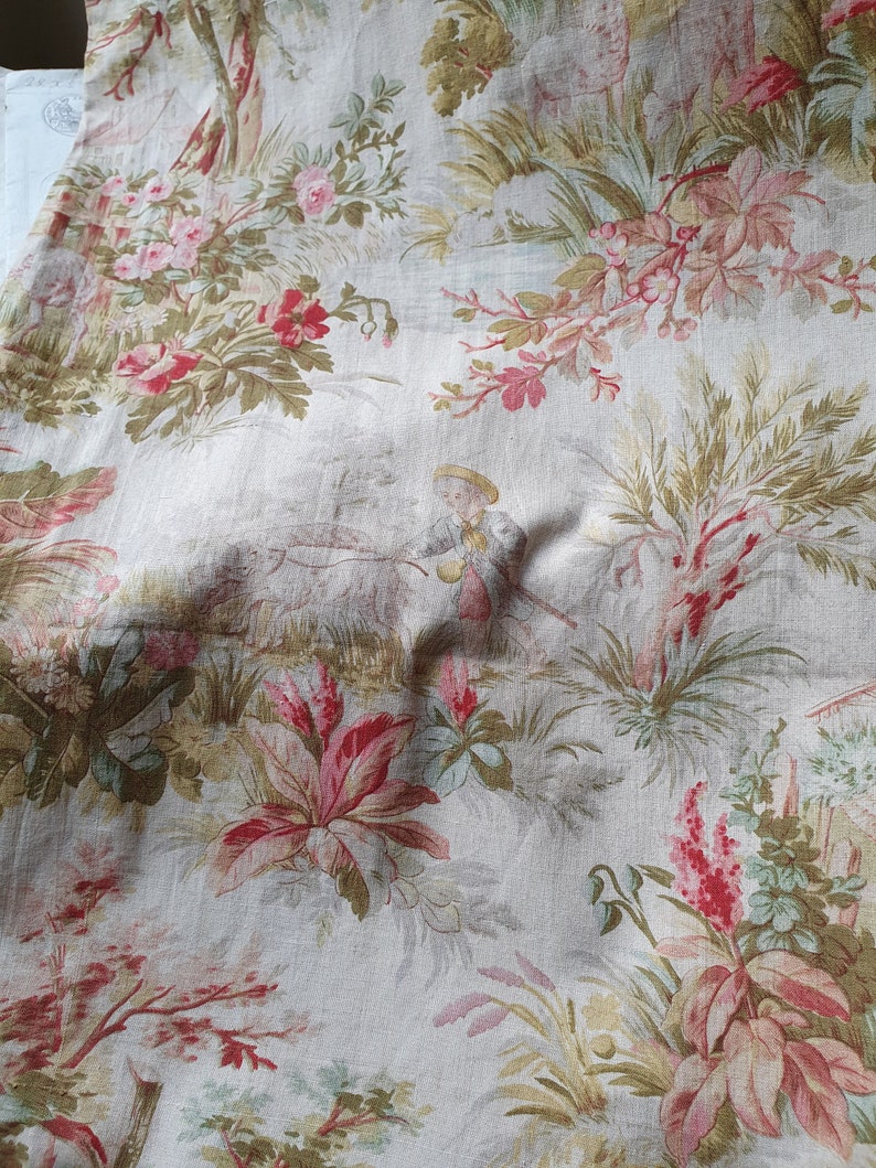 Impresionante y raro remanente de la antigua tela de algodón francesa Napoleón III Toile de Jouy, encantador textil escaso por excelencia francés imagen 1