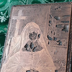 Blocco da stampa religioso in legno placcato in rame placcato in rame antico francese antico squisito/timbro perfetto per progetti di decorazioni per la casa, immagine di carta originale