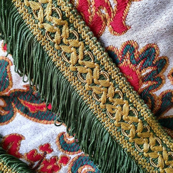 3.04 Mtrs of Classic French Antique Dark Green & Gold Heavy Tassled Passementerie Trim-Perfect for Vintage Sewing  Projects,Upholstery..etc