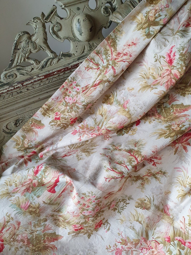 Impresionante y raro remanente de la antigua tela de algodón francesa Napoleón III Toile de Jouy, encantador textil escaso por excelencia francés imagen 2