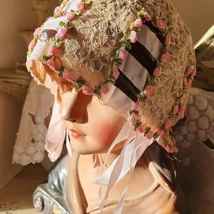 Exquisite Antique French Handcrafted Pink Embroidered Tea-Lace Bonnet / Baby / Christening / Baptism-Gorgeous Vintage Period Costume piece