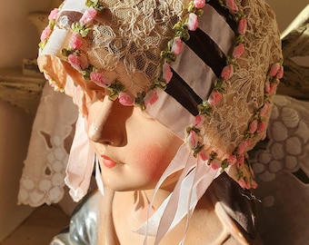 Exquisite Antique French Handcrafted Pink Embroidered Tea-Lace Bonnet / Baby / Christening / Baptism-Gorgeous Vintage Period Costume piece