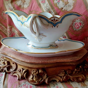 Stunning Opulent Antique French Turquoise & White Monogrammed Oval Boudoir Chic Saucier Serving Sauceboat,Gilded Highlights,Superb Detailing