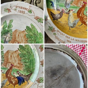 May include: A vintage white ceramic plate with a colorful scene of a rooster, hens, and a farmhouse. The plate has a green and brown leafy border and the text "ETRENNES 1895" and "OFFERT PAR LA MAISON DES 100,000" in brown lettering.