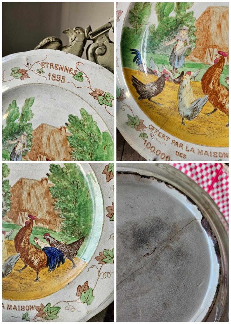 May include: A vintage white ceramic plate with a colorful scene of a rooster, hens, and a farmhouse. The plate has a green and brown leafy border and the text "ETRENNES 1895" and "OFFERT PAR LA MAISON DES 100,000" in brown lettering.