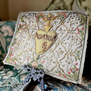 Extraordinary 19thC Antique French Opulent Ecclesiastical Stumpwork Applique-Sacred Bleeding Heart / Sacre Coeur Metallic Gold Sequins