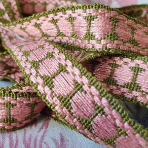 4.11 Mtrs Classic Vintage French Narrow Pink & Dark Olive Green Passementerie Trim,perfect for Vintage Sewing / Couture Home Decor projects