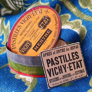 Gorgeous Antique French Decorative Vichy Advertising Publicity Collectable Tin, featuring Fab Graphics-Pastilles Aux Sels Naturels Menthe...