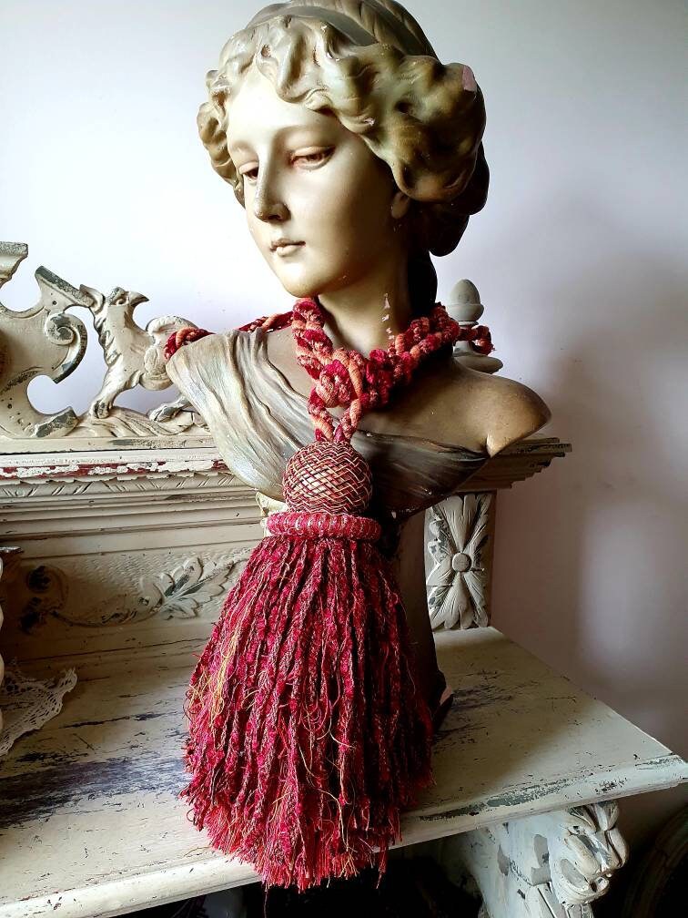 Single Timeworn Red &gold Vintage Français Château-Style Plumped Pompom Tassled Tieback-Opulent Peri
