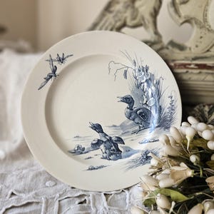 Peut inclure: Assiette en céramique crème avec une illustration de canards bleus et blancs. L'assiette présente deux canards dans un cadre d'étang avec des accents floraux et une libellule. Une pièce décorative vintage.