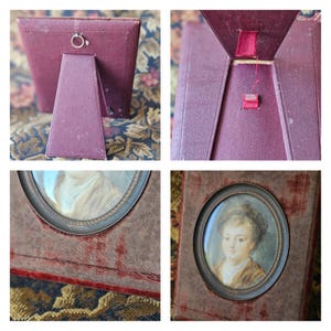 May include: A set of four antique portrait frames. The frames are a deep burgundy color with a velvet-like texture. Each frame holds a small, oval portrait. The frames have a stand on the back for display.
