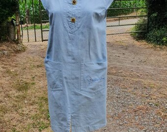 Amazing Authentic Vintage GIVENCHY Designer Pale Blue Denim Shift Dress with Signature Pocket(s),Logo'd Gold Buttons,Zip Fastening,Fabulous