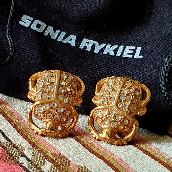 Fabulous Rare Pair of Vintage French SONIA RYKIEL Rhinestone encrusted Gold-tone Designer Scarab Beetle Clip Earrings-Boucles d'Oreilles....