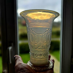Simply Unique Stunning & Rare Antique French Opaline Glass Footed Vase-Rococo Opalescent Scrolled Motif Detail-Exquisite Piece-Uranium?