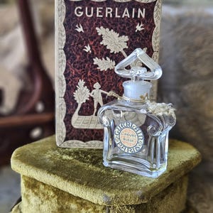 Rare Vintage French Guerlain L&#39;HEURE BLEU Empty Eau De Parfum Perfume Bottle  with Original Harvest Box packaging & Timeworn Silk Lining