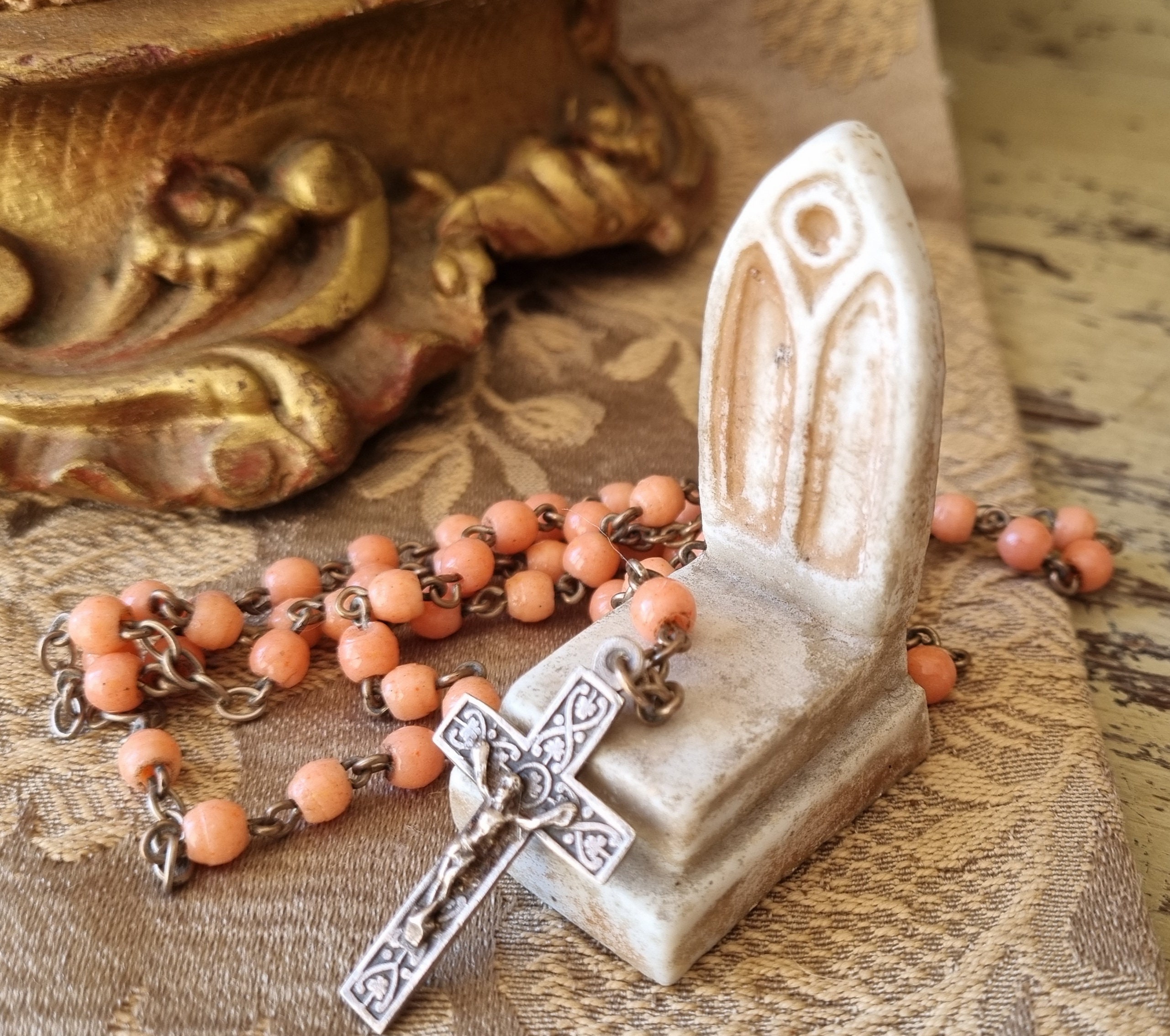 Delightfully Pretty Tiny Coral coloured Beaded Antique French