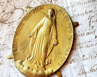 Divine Antique French Art-Deco Religious Gilt Toleware Repoussé Plaque / Miraculous Medal c.1930's,signature by Medallist Engraver
