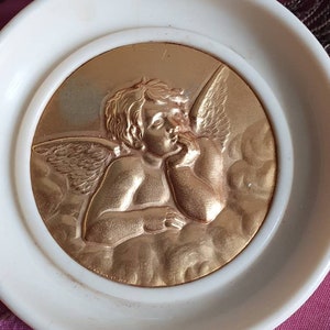Divine Image Antique French Art-Deco Religious Gilt Winged Cherub (Signed) Baby Crib Cot Protector-Circa.1930, Angel / Pensive Winged Cherub