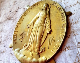 Divine Antique French Art-Deco Religious Gilt Toleware Repoussé Plaque / Miraculous Medal c.1930&#39;s,signature by Medallist Engraver