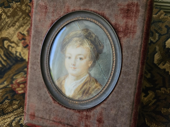 Stunning Antique French Framed Picture-Sublime Image of a Young Child-Timeworn Burgandy Velvet Border-Oval Framed-Unique Home Decor Image