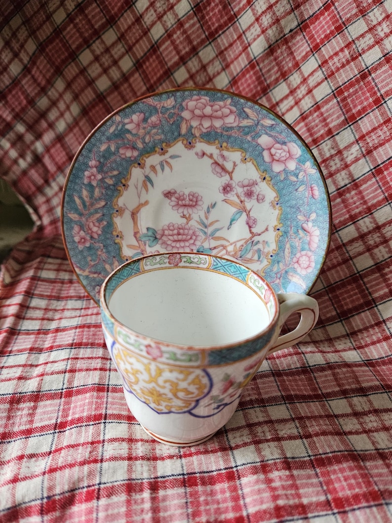 Op de afbeelding: Een vintage theekopje en schotelset met een bloemenpatroon in tinten roze, blauw en groen. Het kopje en de schotel hebben een gouden rand en een delicaat bloemenontwerp.