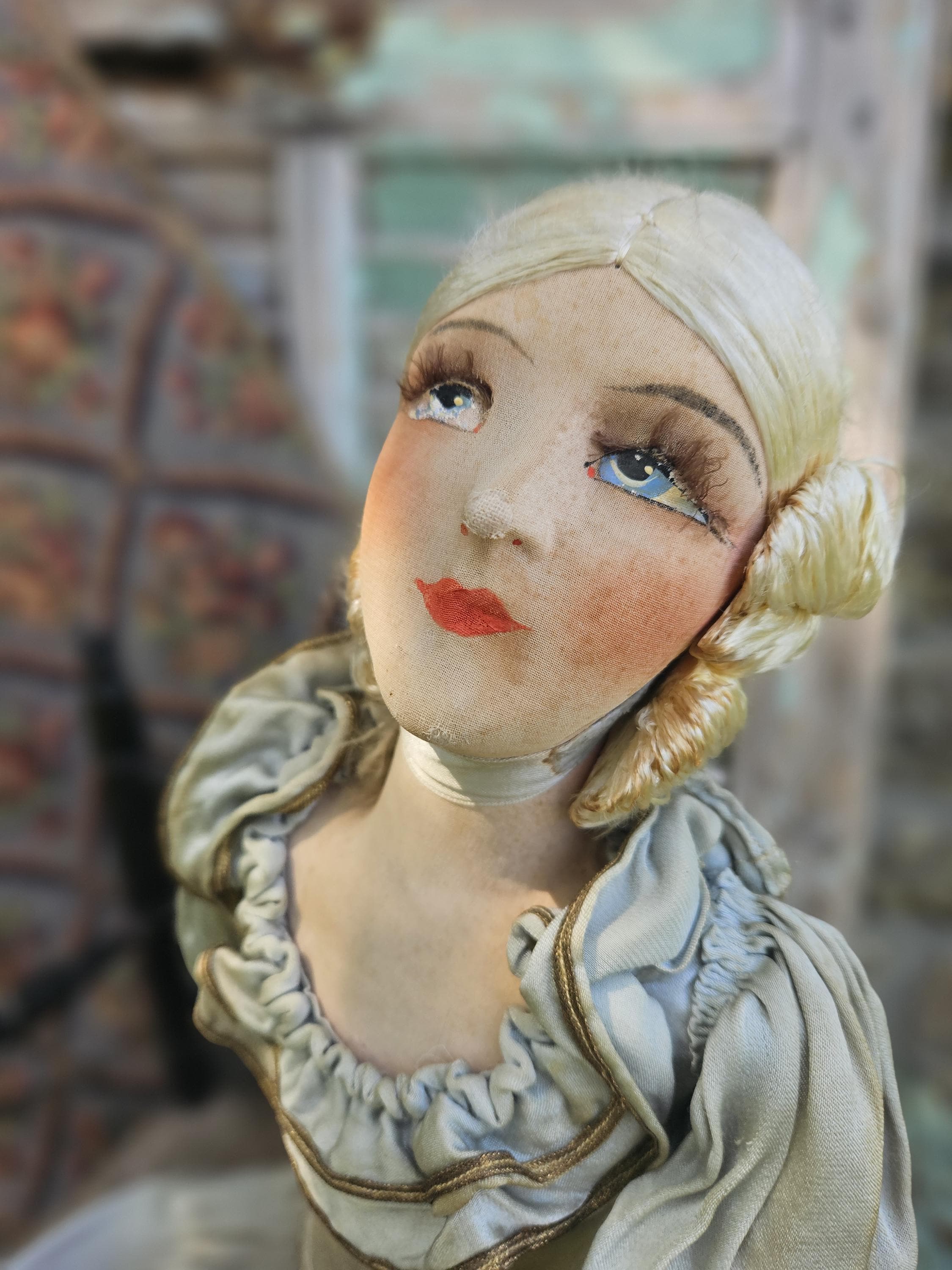 Antique French Boudoir / Bed / Salon Doll-circa.1920's-30's-Handpainted Facial Features,Blonde Hair,Composite Body-Porcelain Arms & Legs....